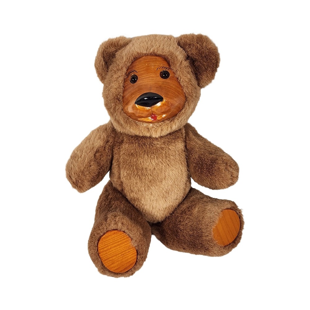 Vintage Brown Plush‎ Teddy Bear with Hand Carved Wooden Face and Feet 8 Inch